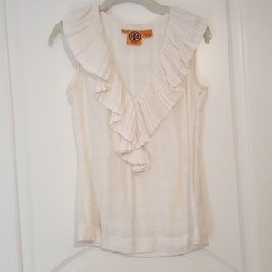 Tory Burch White Pleated Linen Shell Top